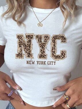 SHEIN White Crop Tee with Leopard NYC Appliqué